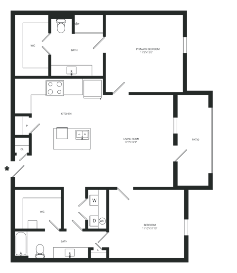 Floor plan for 2 beds, 2 baths, 993 sqft